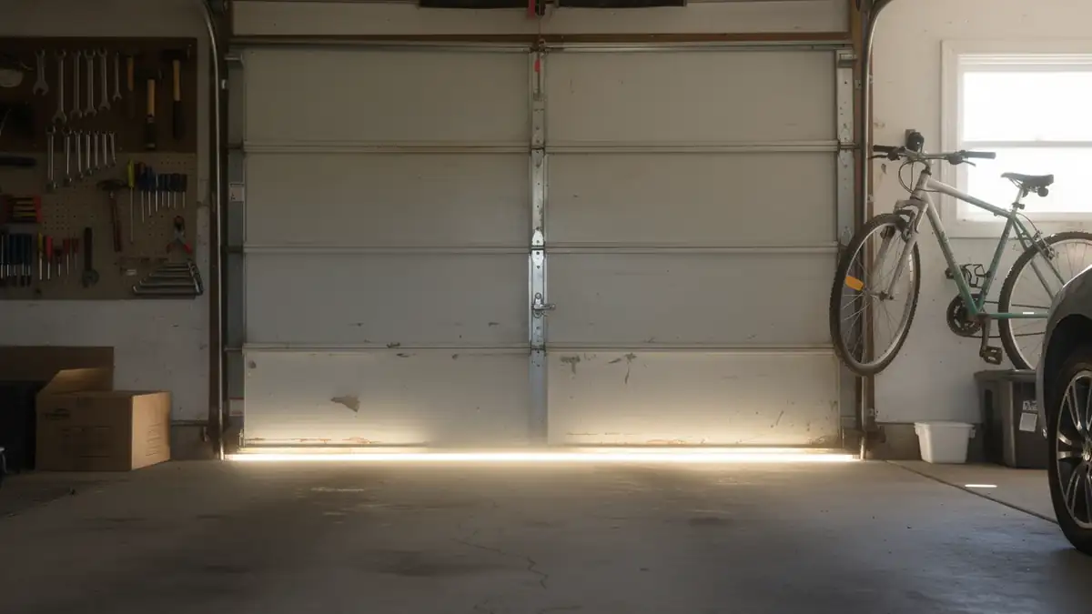 The garage door is closed with a bright line of light shining underneath.