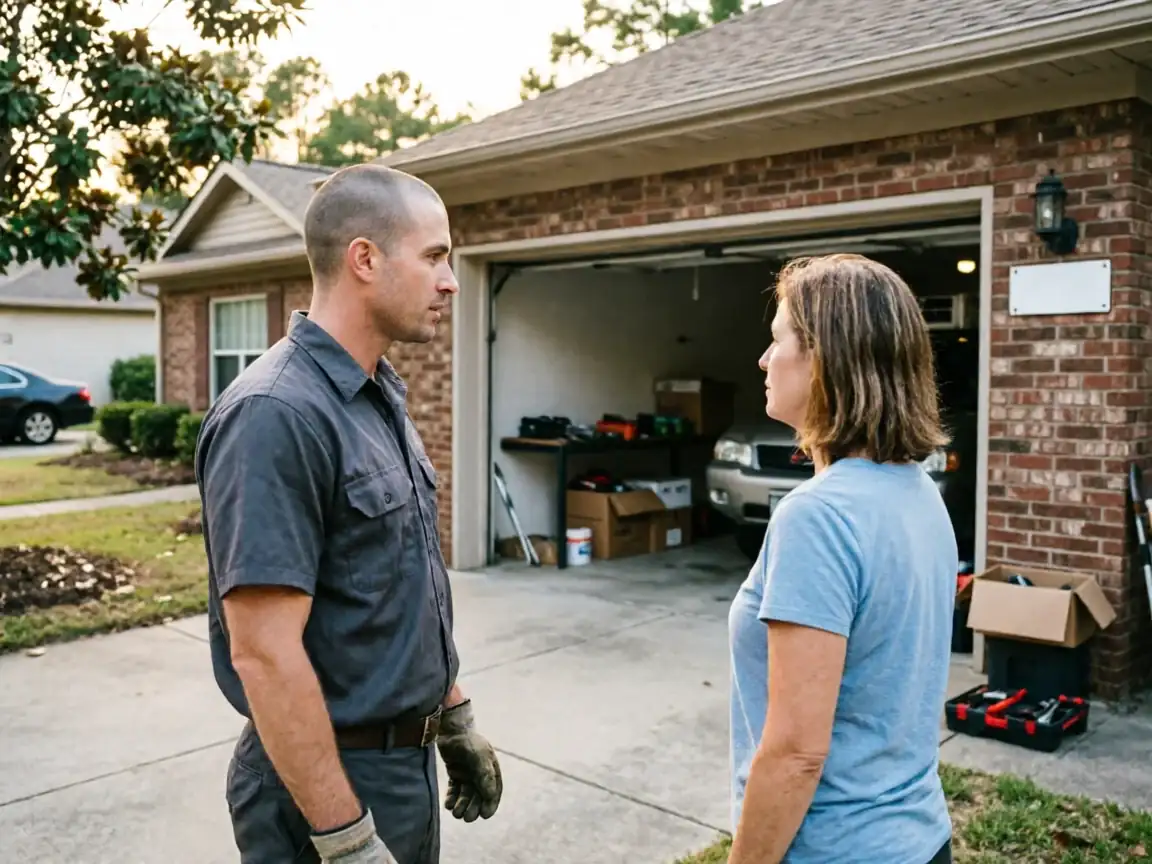 A technician and a woman stand facing each other in a driveway.