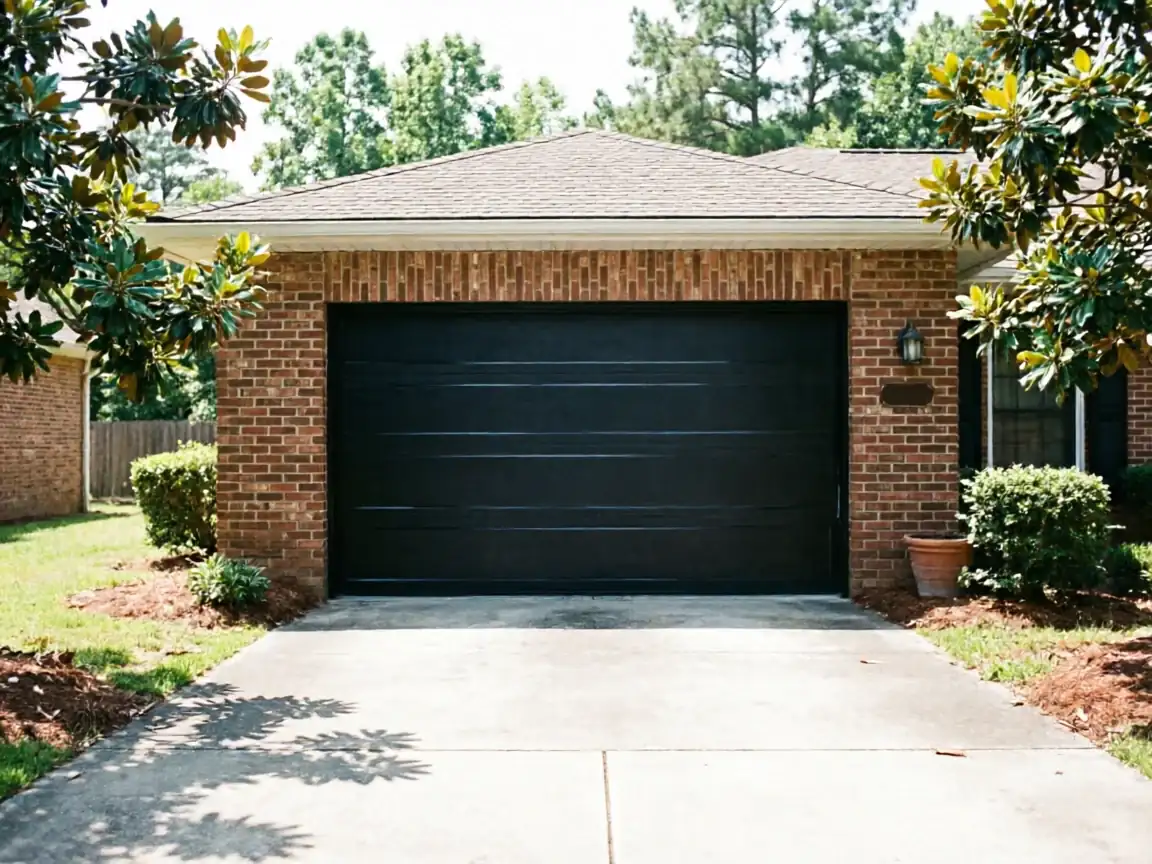 A single black garage door is on a brick house with a concrete driveway.